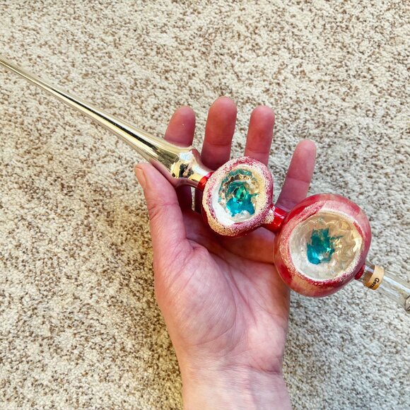 Vintage Germany Indent Red Silver 11" Glass Christmas Tree Topper Feather Medium - Picture 5 of 10